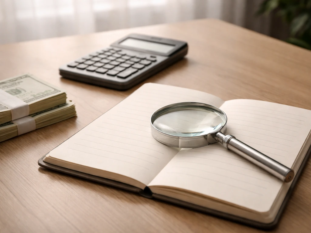 Magnifying glass over a notebook and banknotes on a desk, symbolizing net worth estimation and verification.
