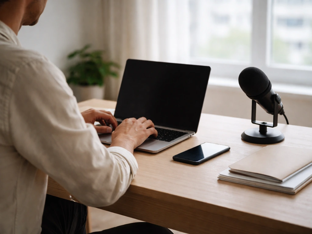 Anonymous professional desk setup with laptop and documents, symbolizing online search and identity—no readable text.