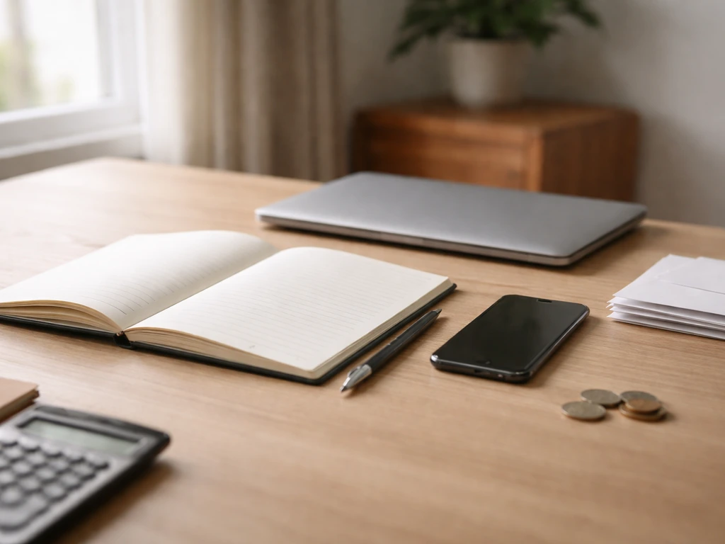 Minimal office desk with blank notebook, calculator, coins, and phone under natural light