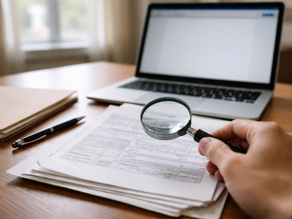 Close-up of a hand using a magnifying glass on paper documents beside a laptop, representing property-record verificatio