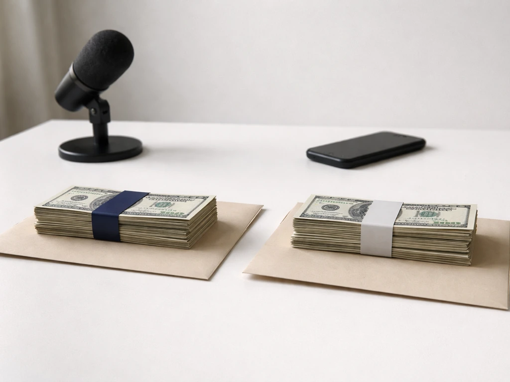 Minimal desk scene with two side-by-side cash stacks and envelopes, suggesting differing net worth estimates.