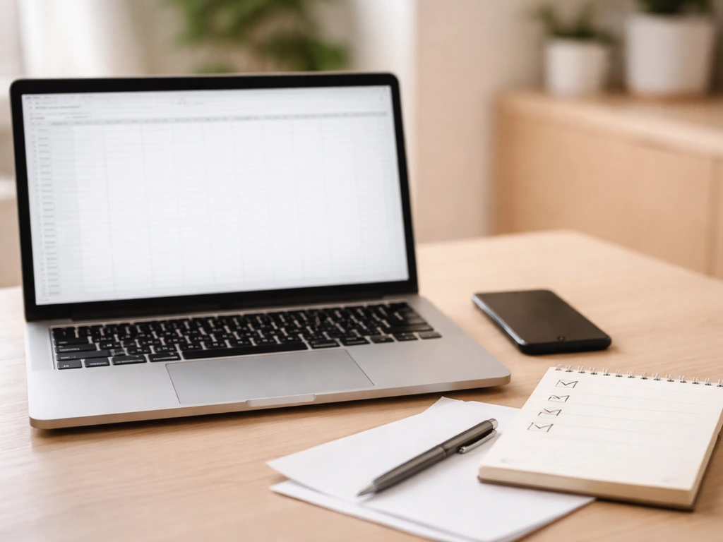 Minimal desk scene with laptop and notebook suggesting self-led financial due diligence research