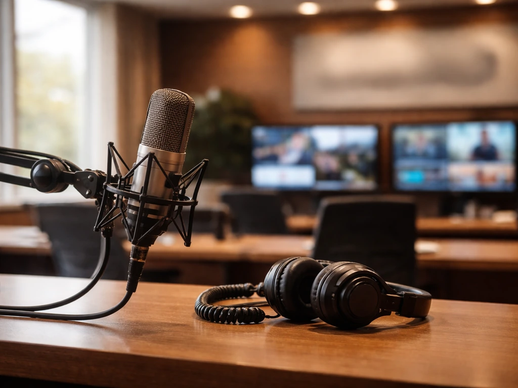 Unoccupied broadcast newsroom studio desk with microphone and blurred screens, suggesting media leadership