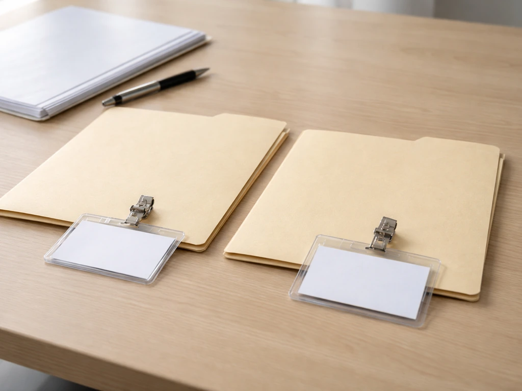 Minimal photo showing two anonymous document folders and IDs on a desk for disambiguating names