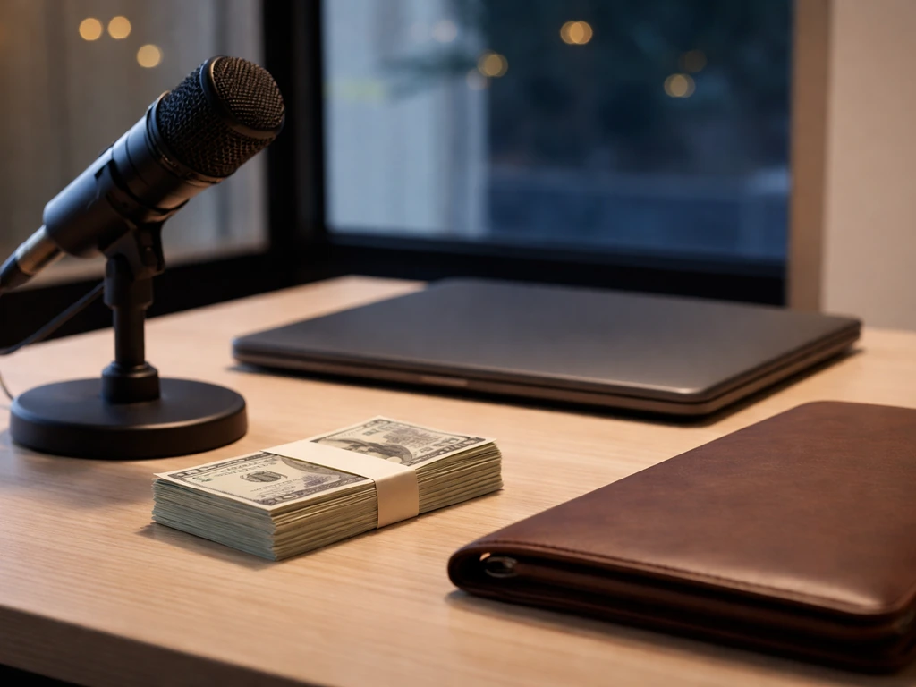 Minimal photo of a media executive desk with microphone and money-themed objects for salary benchmarks context.