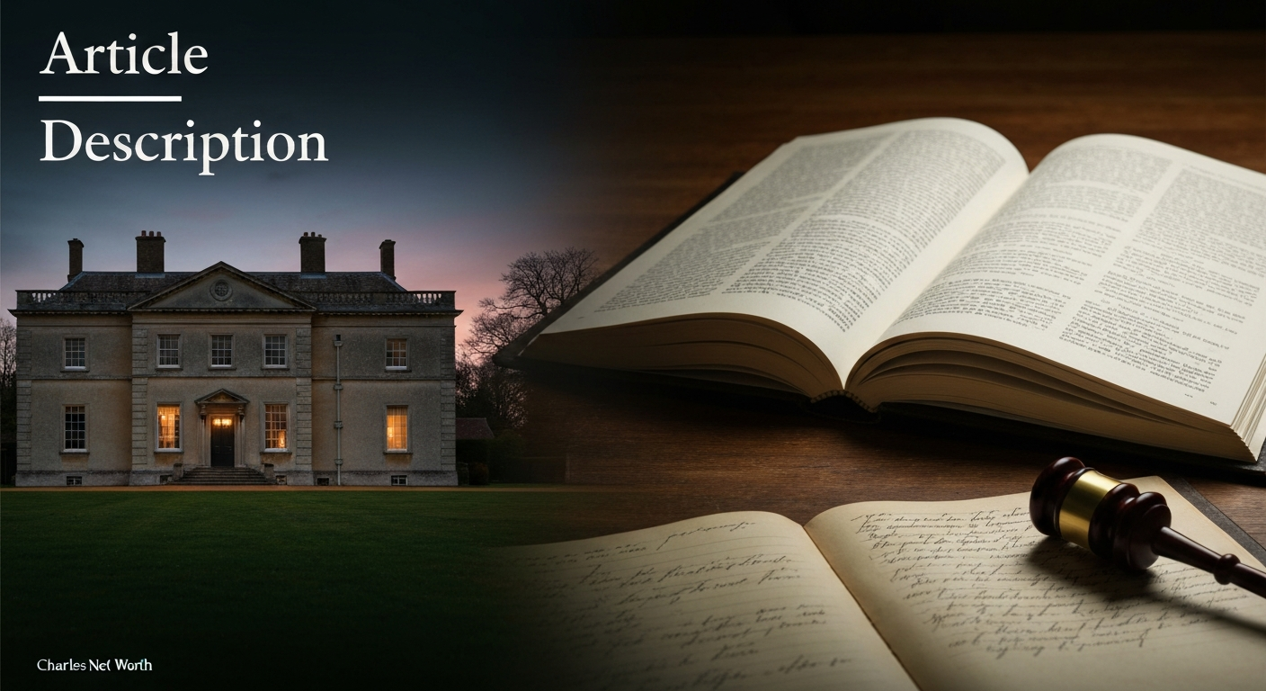 Stylized composite showing an English country house, an open auction catalogue and ledger, and a subtle auction gavel silhouette — representing estate, auction career, and net worth.