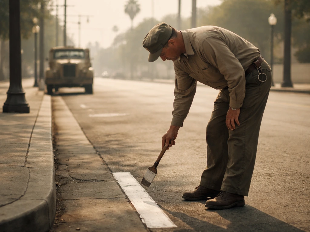 Early-1940s anonymous street maintenance worker painting a road marking near old municipal buildings