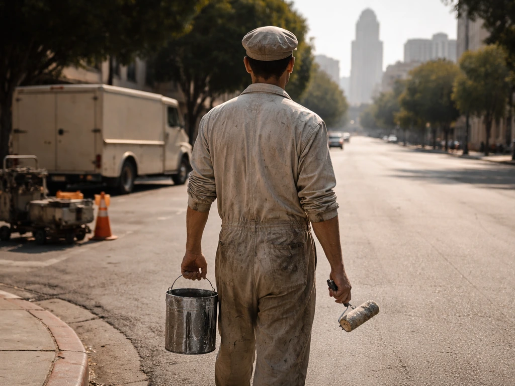 Early-1940s painter beside street-works tools in Los Angeles, evoking the Streets Department.
