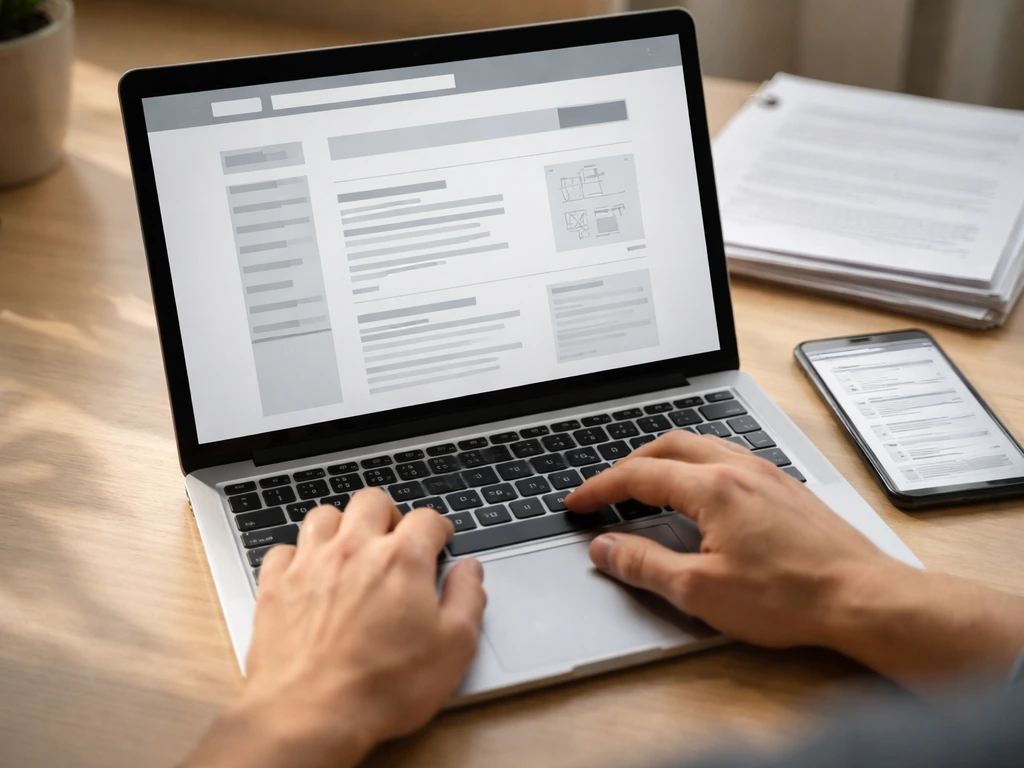 Hands on a laptop at a desk, checking a patent database-style public record preview.