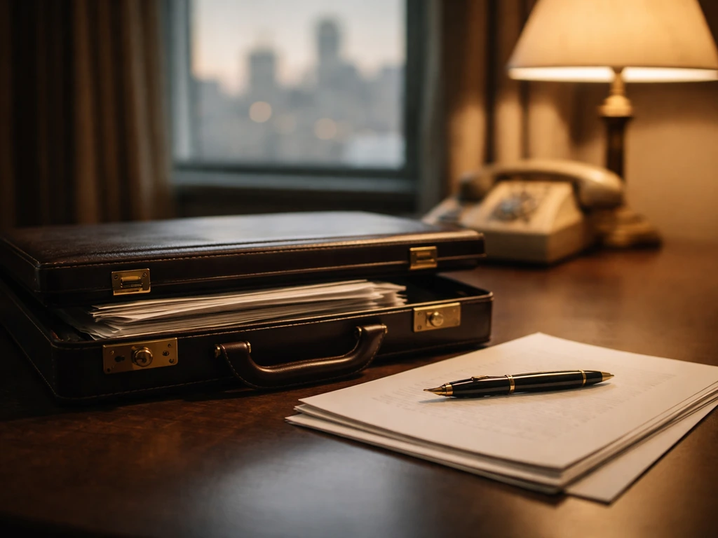 Vintage finance office desk with scattered documents, briefcase, and warm lighting symbolizing net worth verification.