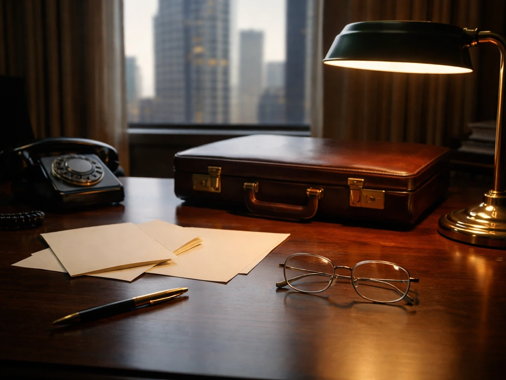 Minimal office desk with a briefcase and vintage phone, evoking a financier’s world in warm natural light.