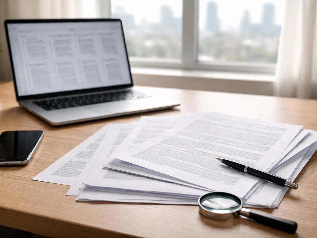 Anonymous desk with laptop and printed filings, suggesting verification of private business net worth using public evide