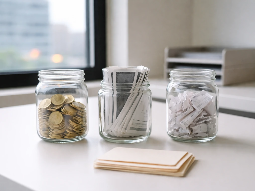 Minimal office desk with three glass jars of coins and documents symbolizing financial asset categories.