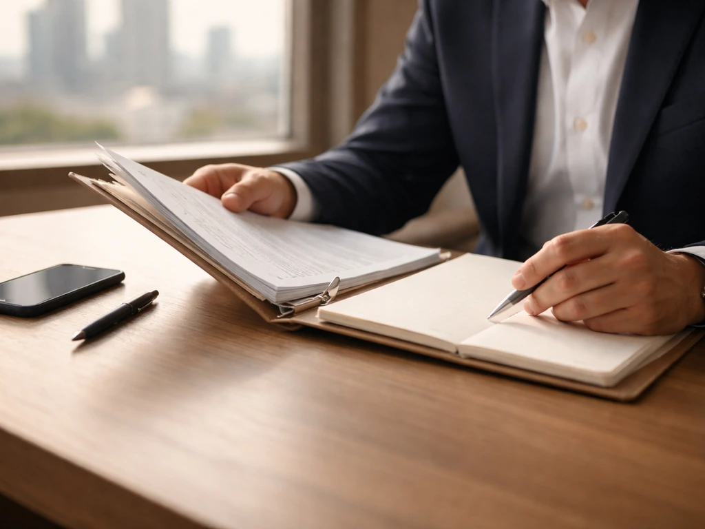 Anonymous wealth manager reviewing financial documents at a desk with a smartphone and notebook