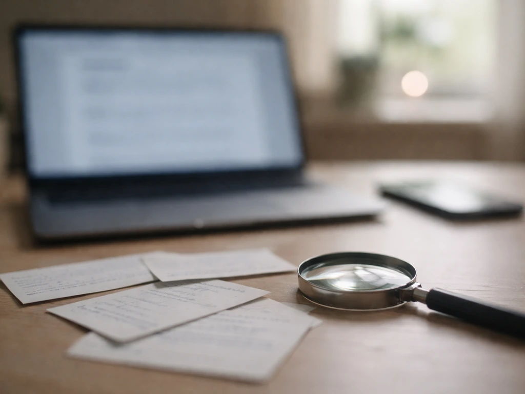 Blurry laptop and phone on a desk with a magnifying glass, suggesting confusing search results.
