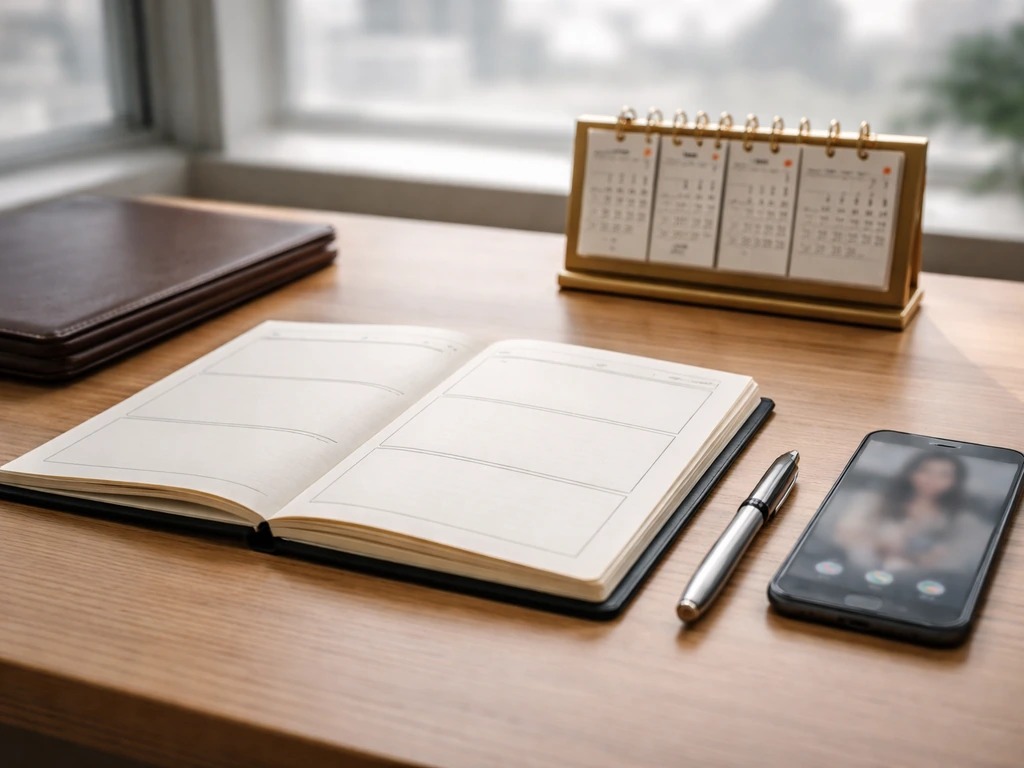 Minimal office desk with an open planner and pen symbolizing a financial career timeline.