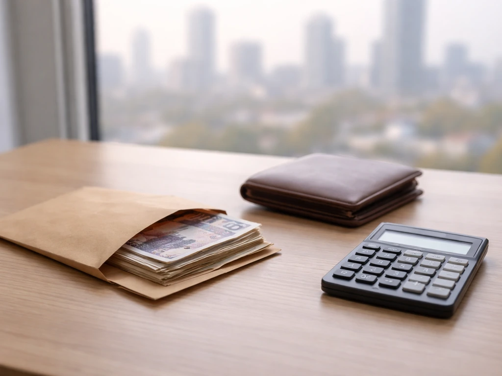 Minimal desk scene with a cash envelope and a calculator, symbolizing a supported net worth range.