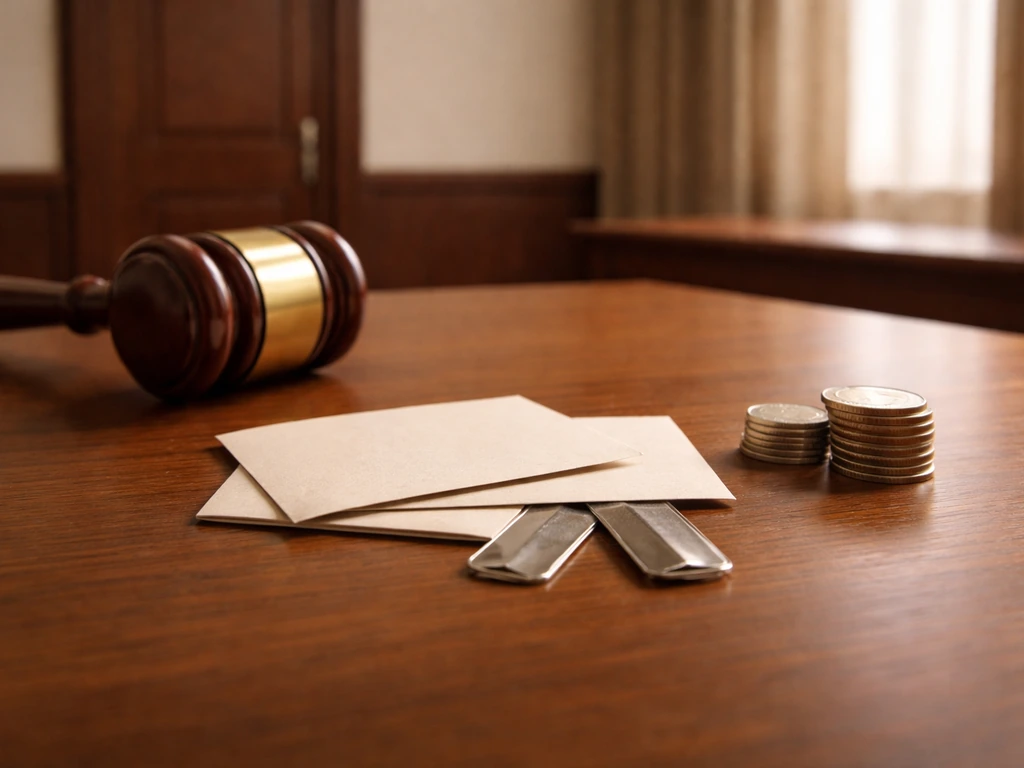 Courtroom table with a gavel, coins, and blank money tags symbolizing legal fines and costs