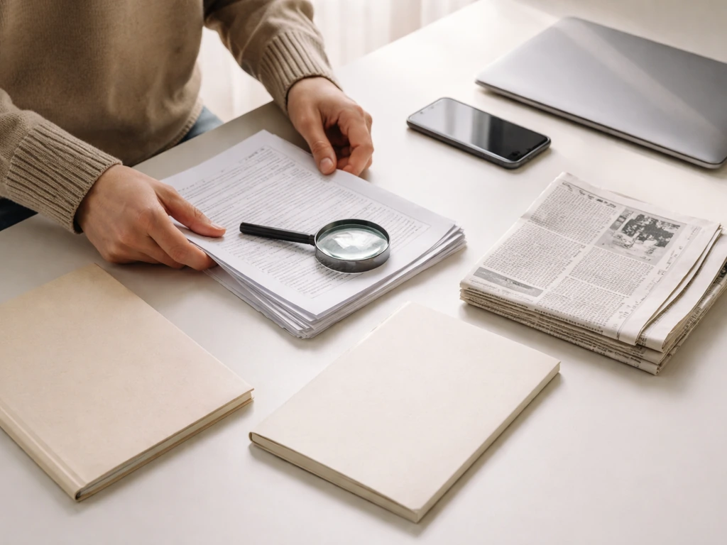 Hands use a magnifying glass and blank papers on a desk to verify property and media sources.