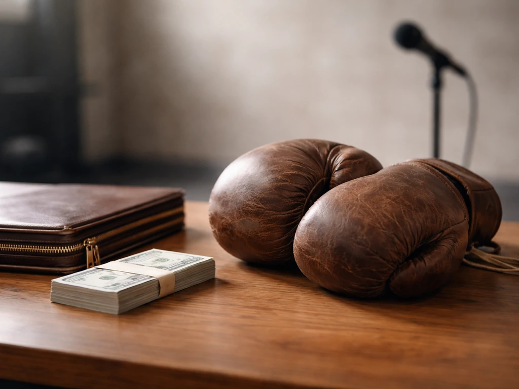 Boxing glove and a cash-stacked book on a simple desk, suggesting estimated net worth analysis
