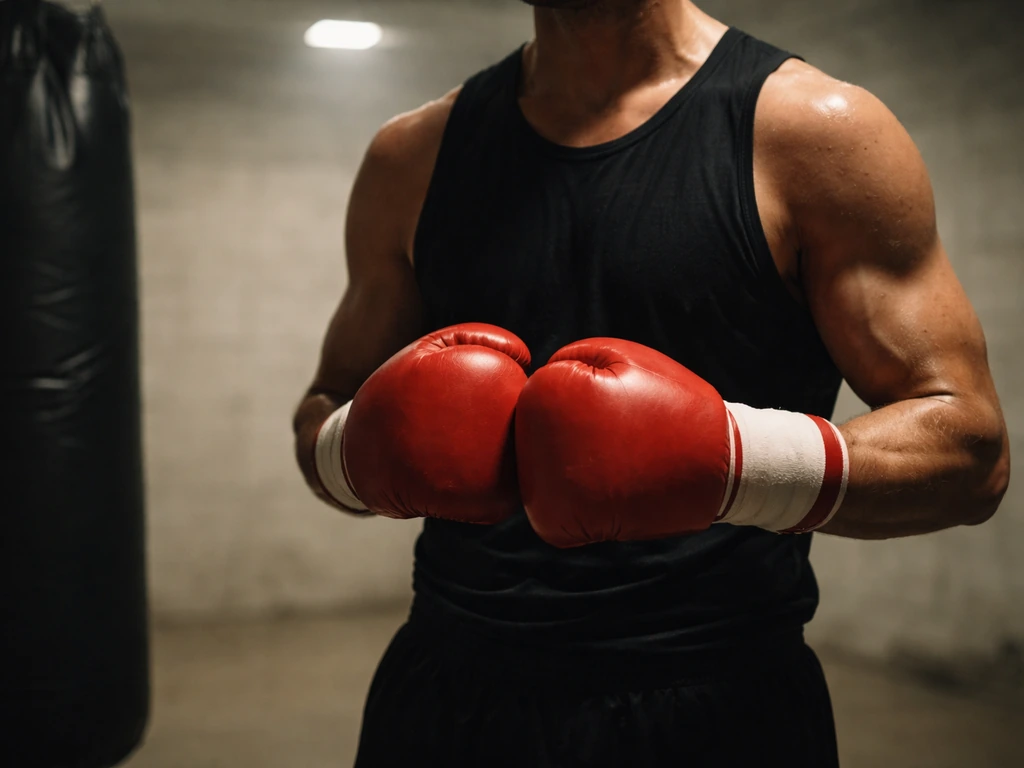 Anonymous boxer in a gym wearing red gloves and tape, focused before training
