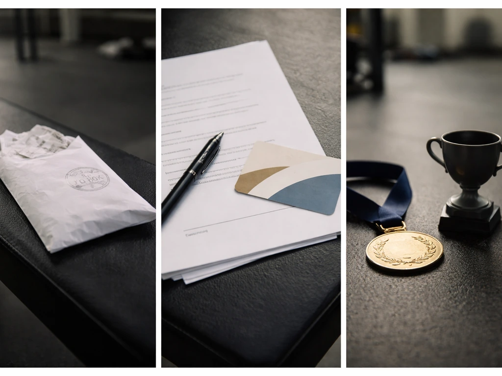 Split image of a purse envelope, a blank contract, and a gold medal on a gym floor.