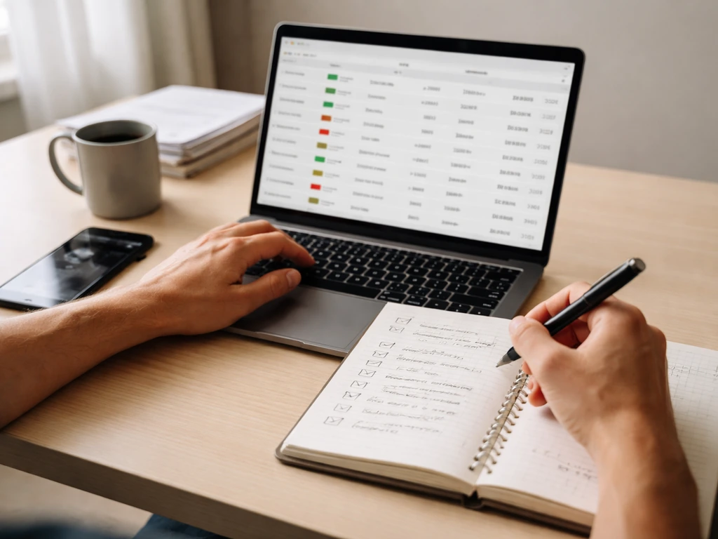 Person at desk reviewing fight record sites on a laptop with notes for verifying estimated earnings.