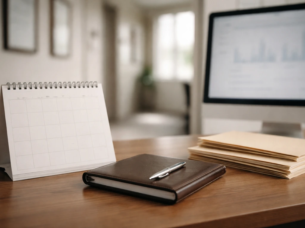 Minimal desk scene with a blank calendar, folders, and pen symbolizing career and business expansion.