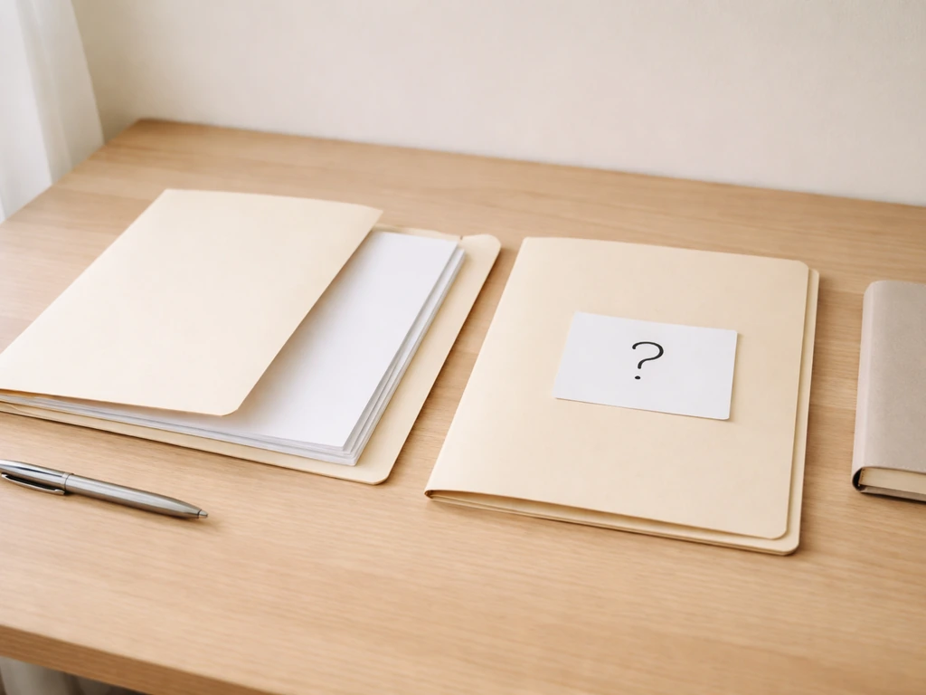 Minimal desk scene with one document folder beside an unanswered question-mark note, symbolizing known vs unknown.