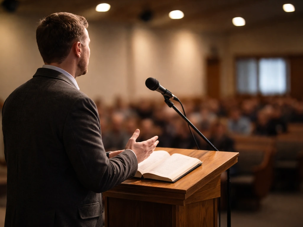 Anonymous speaker at a church lectern with a microphone, minimal stage lighting in the background.