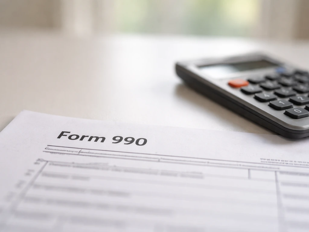 Close-up of IRS Form 990 papers and a calculator on a desk under natural light.