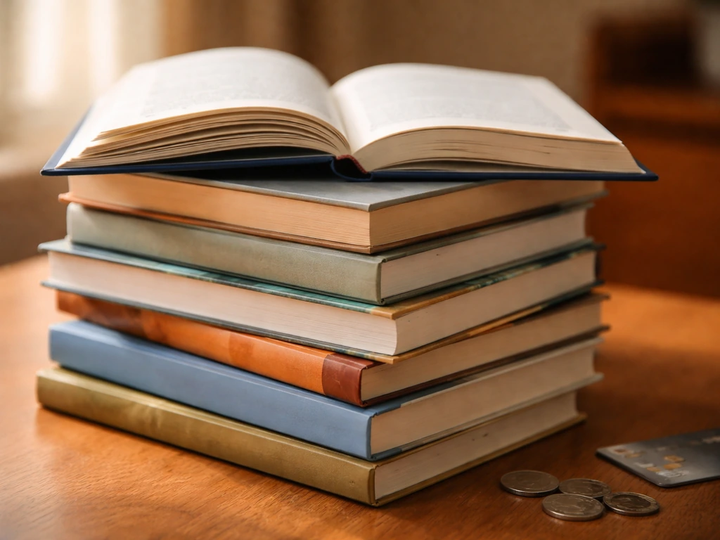 Stack of books on a wooden desk with an open page and coins nearby, suggesting book royalties.