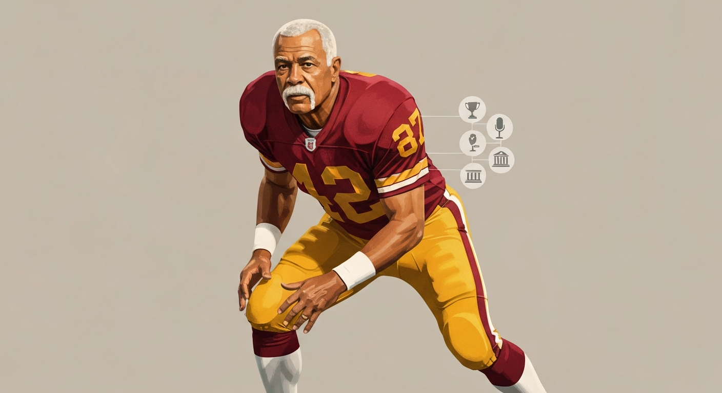 Illustrated portrait of Charles Mann in a retro football uniform, mid-action pose, with subtle icons representing championships, broadcasting, and business.