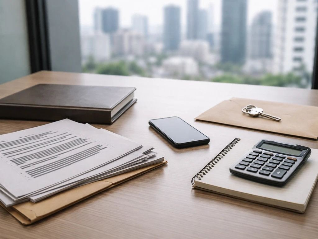 Minimal desk scene with calculator, blank notebook, and generic documents suggesting net-worth verification