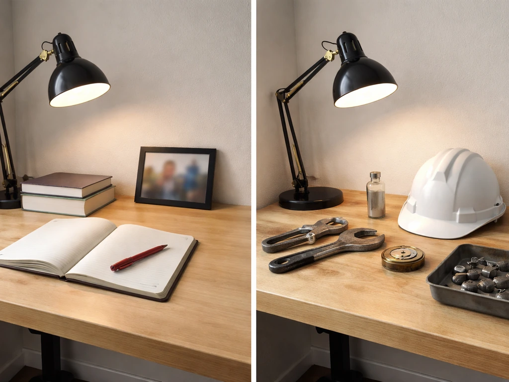 Two side-by-side desk scenes with petroleum engineering cues on one side and generic study cues on the other.