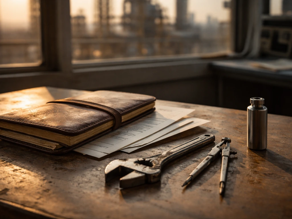 Minimal desk scene with oil-industry tools and blurred refinery view, symbolizing petroleum career milestones.