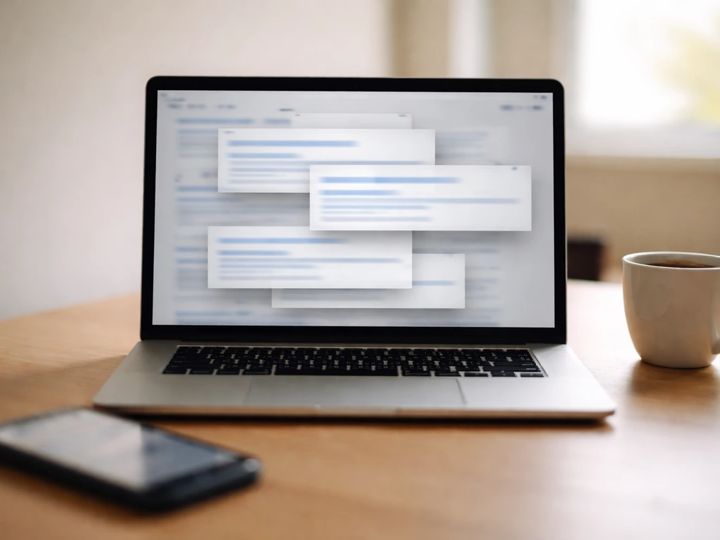 Minimal photo of a laptop with overlapping blurred search snippets over a desk, symbolizing conflicting net-worth result