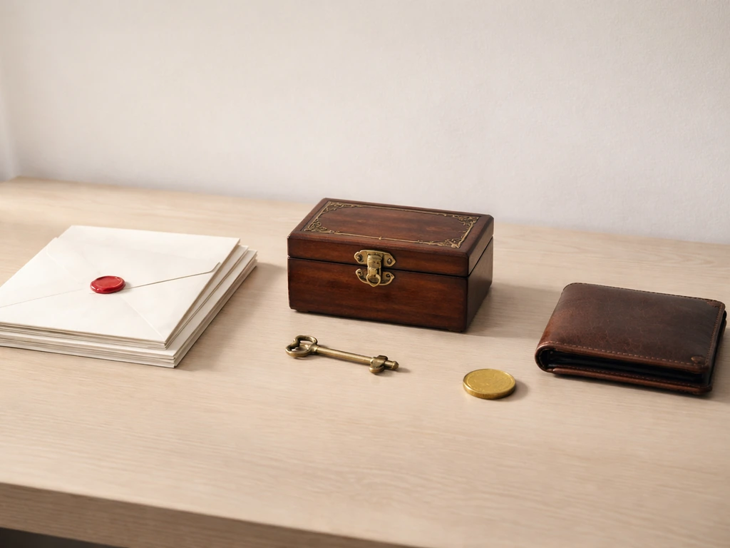 Three symbolic items on a desk suggesting separate public, estate, and private income sources.