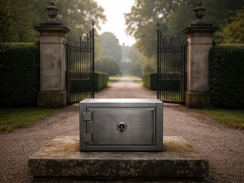 Golden estate gates and a secure vault door representing the Duchy’s trust-backed holdings
