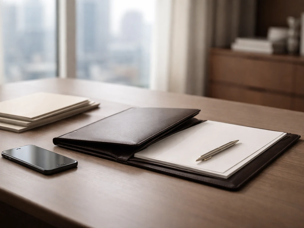 Minimal office desk with a phone and folder, suggesting asset valuation without showing any table or text.